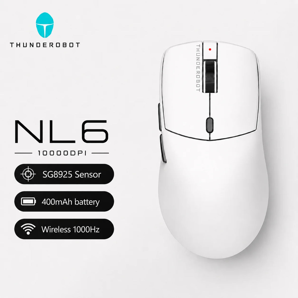 Weiße Thunderobot NL6 kabellose Gaming-Maus mit schwarzem Sensor und Scrollrad.