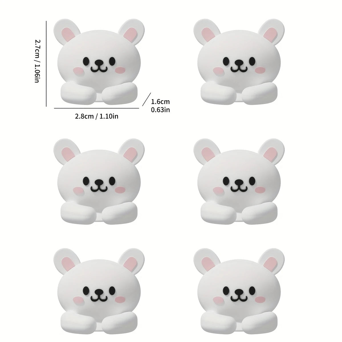 A set of cute white cartoon bear desk cable organizers in various sizes and styles.