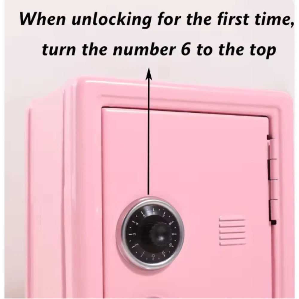 Instructional image showing how to unlock a pink home safe by turning the number 6 to the top.