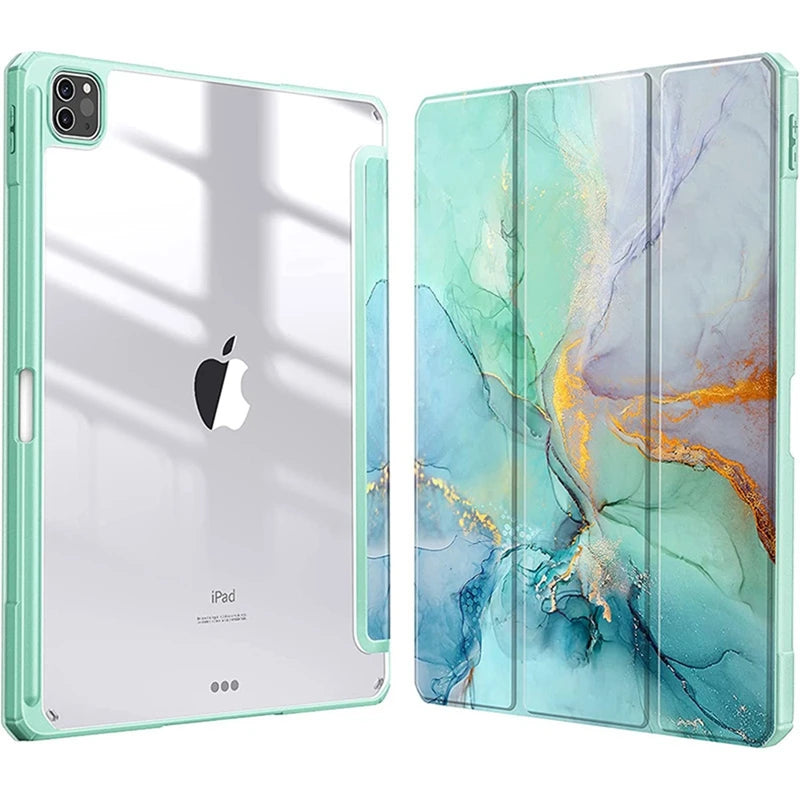 A green protective case for an iPad showing a marbled teal and orange design.