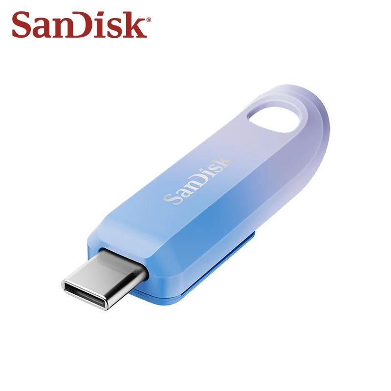 A light blue SanDisk flash drive with a snap-top design and metal connector.