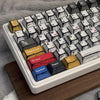 A close-up view of a colorful comic style mechanical keycaps set arranged in a white plastic case.