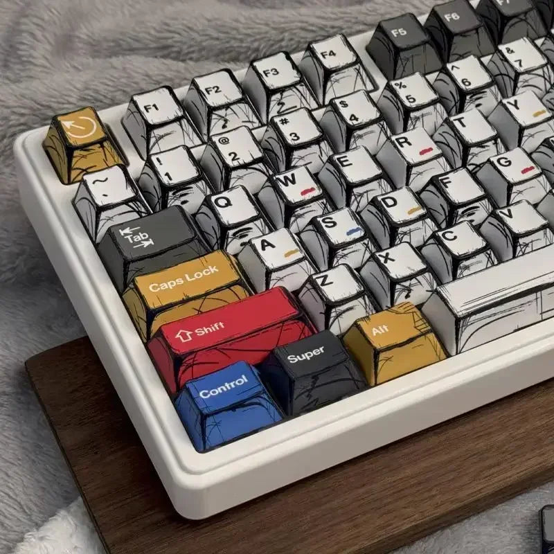 A close-up view of a colorful comic style mechanical keycaps set arranged in a white plastic case.