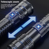 Close-up view of a black telescopic zoom flashlight demonstrating its focus and wide-angle lighting capability.