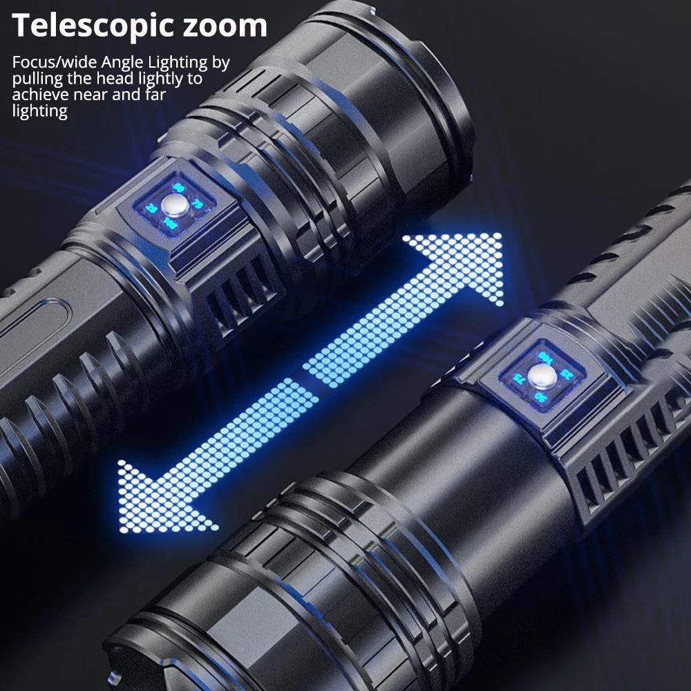 Close-up view of a black telescopic zoom flashlight demonstrating its focus and wide-angle lighting capability.