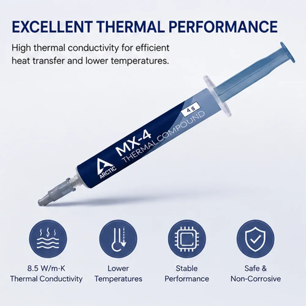 A syringe of MX-4 thermal compound is shown, highlighting its excellent thermal performance features.
