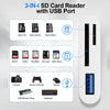 A white 3-in-1 SD card reader with a USB port, showing compatibility for Micro SD, SDHC, SDXC, TF cards, camera, game control