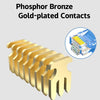 A close-up view of phosphor bronze gold-plated contacts for high-speed Cat 6 Ethernet patch cables.