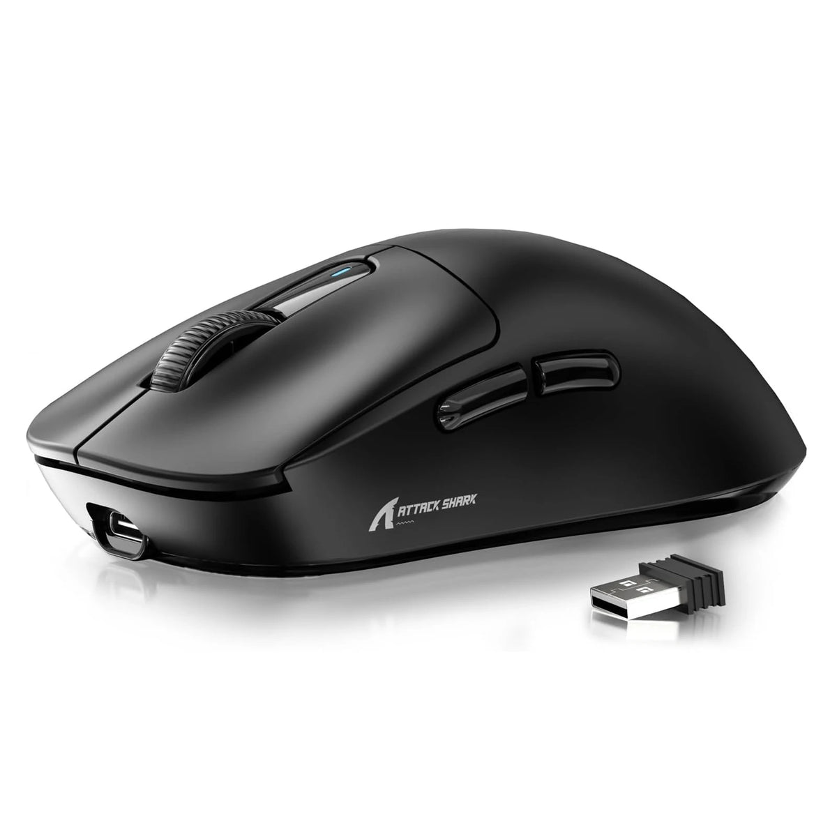 Black Attack Shark wireless gaming mouse with a detachable USB receiver.