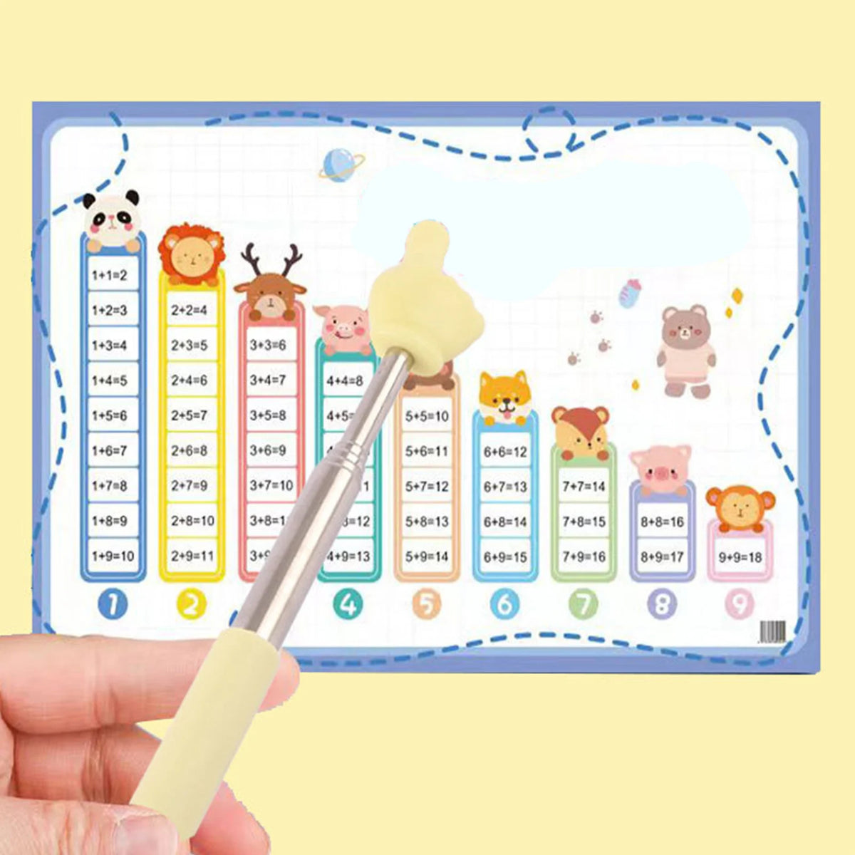 A hand holds a yellow retractable teacher pointer stick with various multiplication problems written on a grid background.