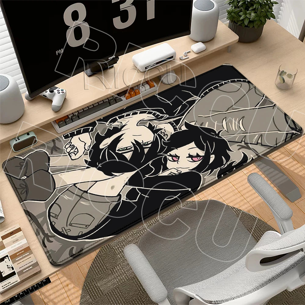 A gaming mouse pad featuring a dark illustration of characters and skulls, placed on a wooden desk.