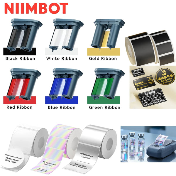Various ribbon colors including black, white, gold, red, blue, and green thermal transfer labels for organization
