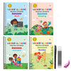 A set of four colorful practice copybooks for preschoolers teaching math, drawing, alphabet, and number skills.