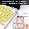 A close-up of a pink MacBook Pro keyboard with a yellow cutout design, demonstrating a fingerprint-safe feature.