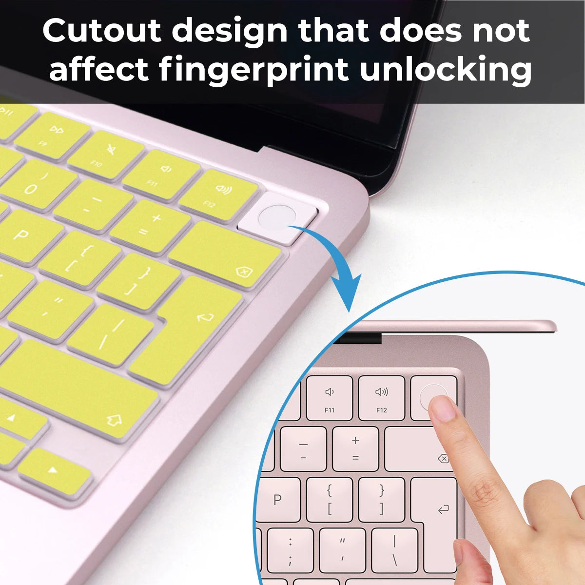 A close-up of a pink MacBook Pro keyboard with a yellow cutout design, demonstrating a fingerprint-safe feature.