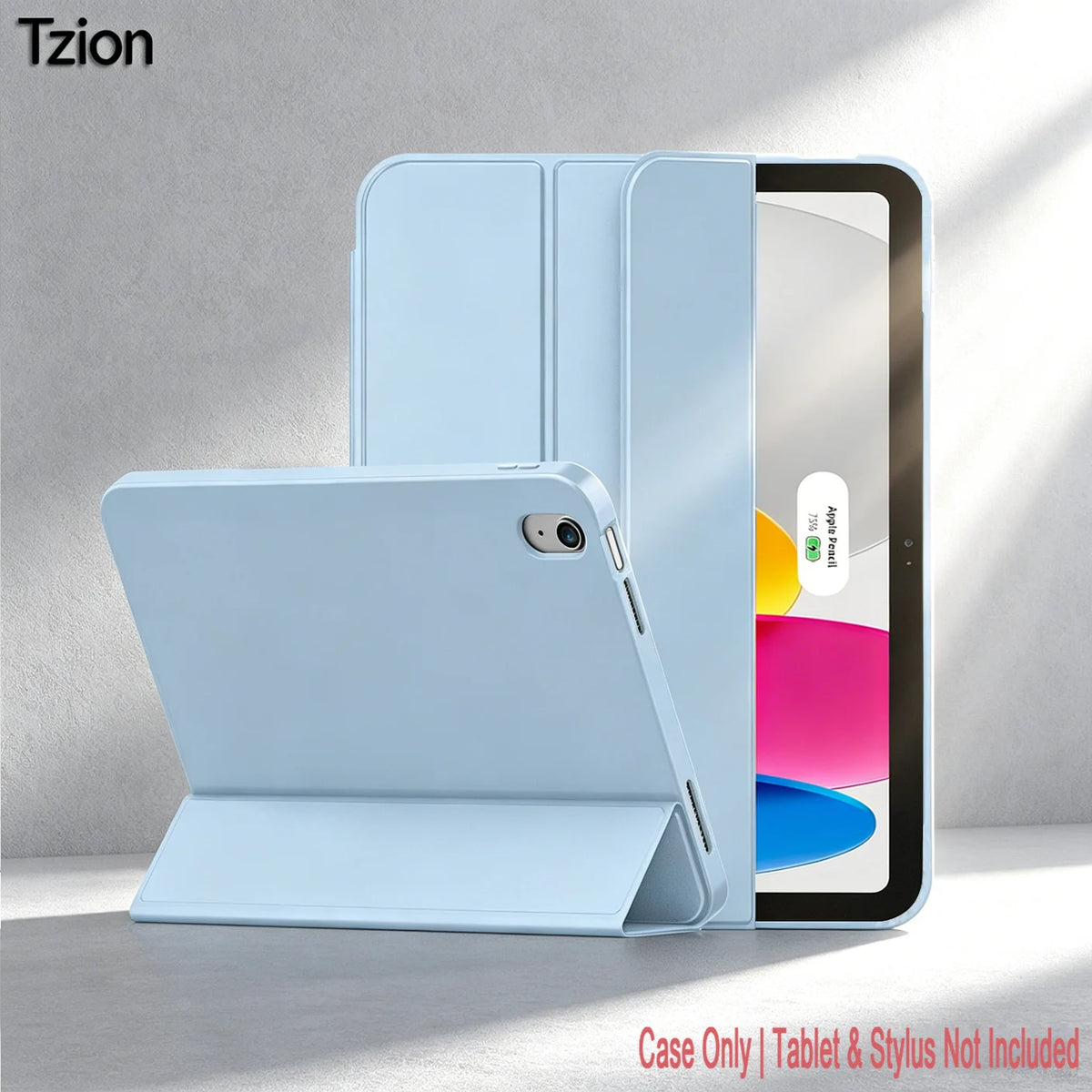 Light blue trifold smart cover for an iPad shown next to the device.