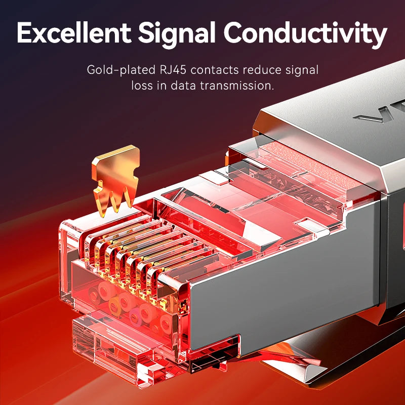 A close-up view of a gold-plated RJ45 Ethernet connector on a Cat8 cable, highlighting excellent signal conductivity.