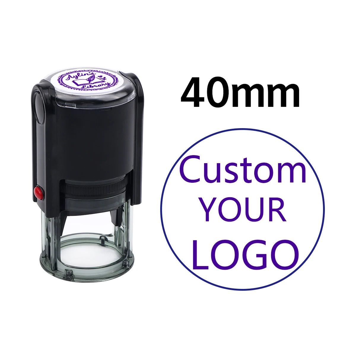 A black self-inking stamp with a clear base and a purple circle indicating 40mm size.