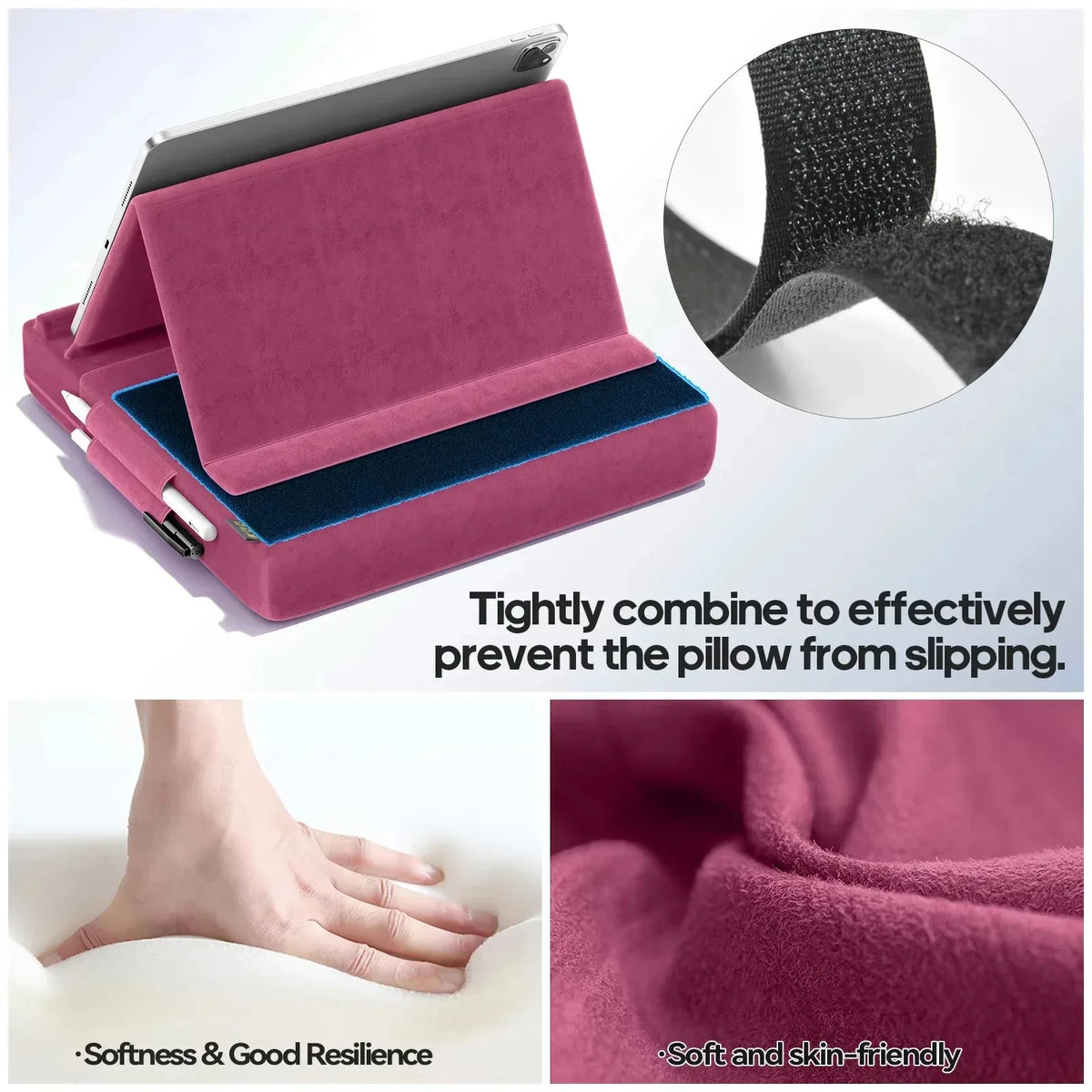 A pink foldable tablet pillow stand with a soft fabric cover and blue lining, designed to prevent pillows from slipping.