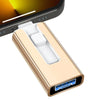A gold-colored 4-in-1 USB 3.0 flash drive connector for iPhone, Android, and computers.
