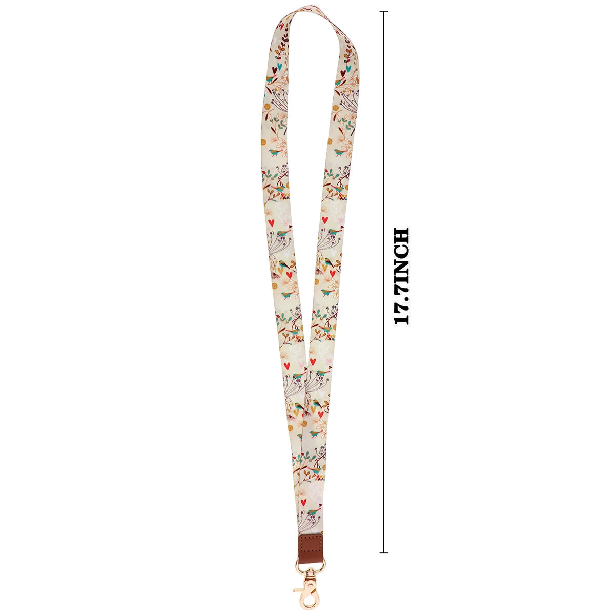 A vertical view of a beige patterned fashion lanyard strap with a metal clip.