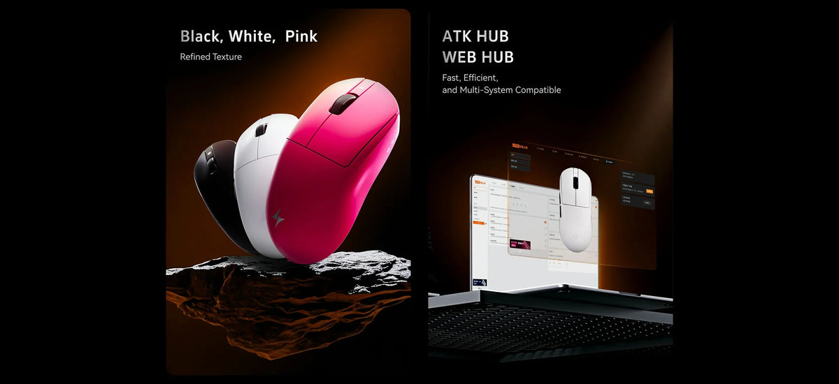 Ergonomische kabellose Gaming-Maus in Schwarz, Weiß und Pink vor dunklem Hintergrund.