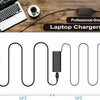 A set of professional-grade laptop chargers with various cables and adapters shown on a wooden surface.