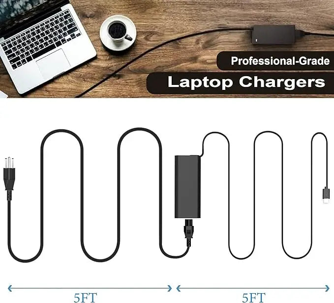 A set of professional-grade laptop chargers with various cables and adapters shown on a wooden surface.