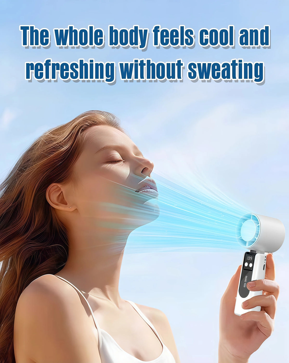 A woman is using a portable semiconductor cooling fan to feel cool and refreshing without sweating.