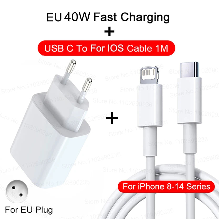 White EU 40W fast charging USB C to iOS cable for iPhone 8-14 series devices