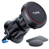 A black magnetic car phone mount with a textured finish and a circular lens is shown next to a flat mounting plate.