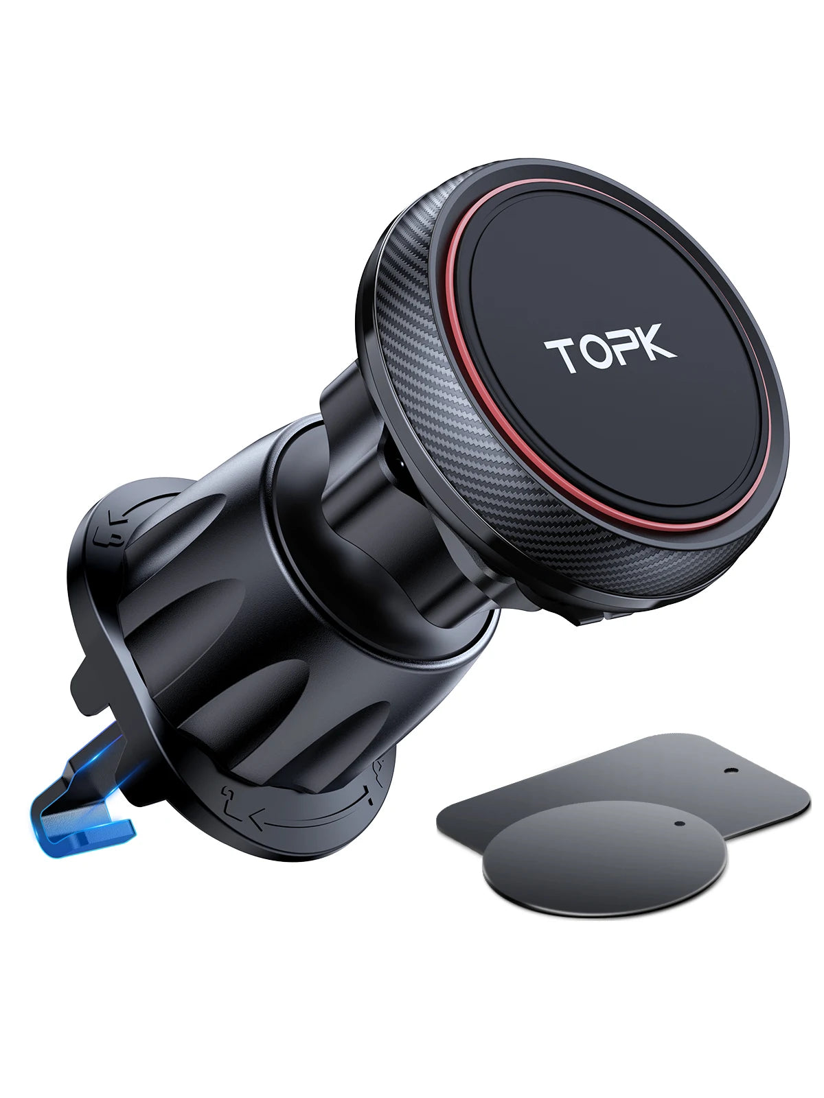 A black magnetic car phone mount with a textured finish and a circular lens is shown next to a flat mounting plate.