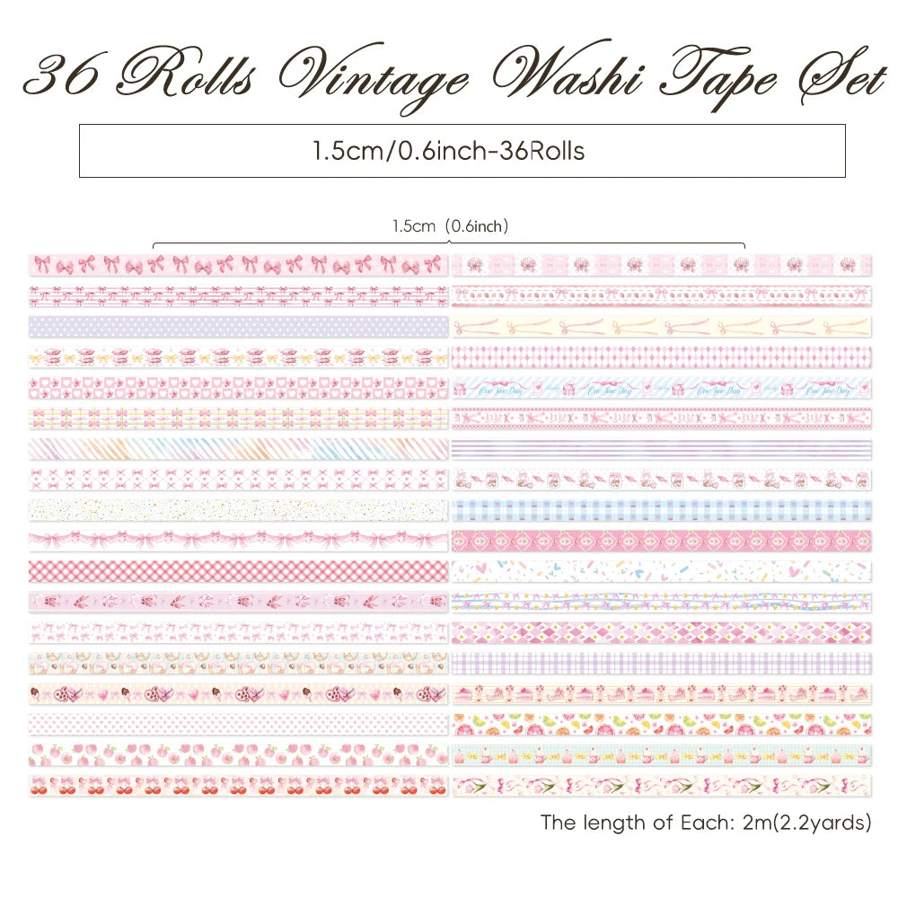 A collection of 36 rolls of vintage washi tape featuring various patterns including butterflies and gingham designs.