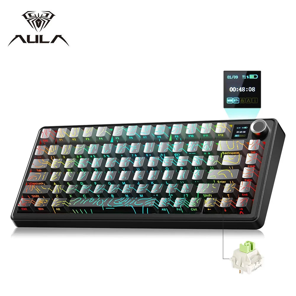 A black mechanical keyboard with a TFT display showing a layout of keys and function indicators.