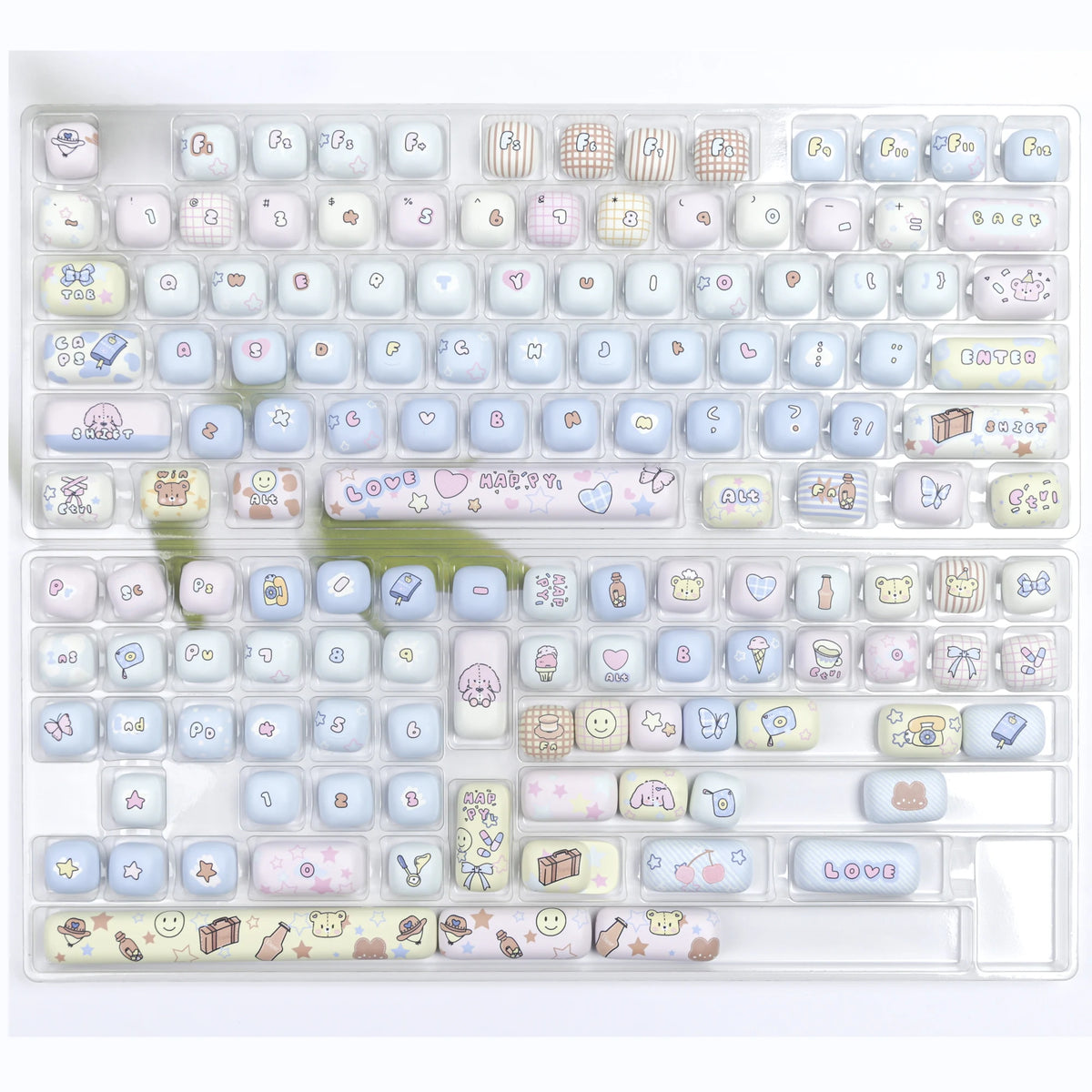 A full set of colorful PBT keycaps in MOG profile featuring various designs and colors for mechanical keyboards.