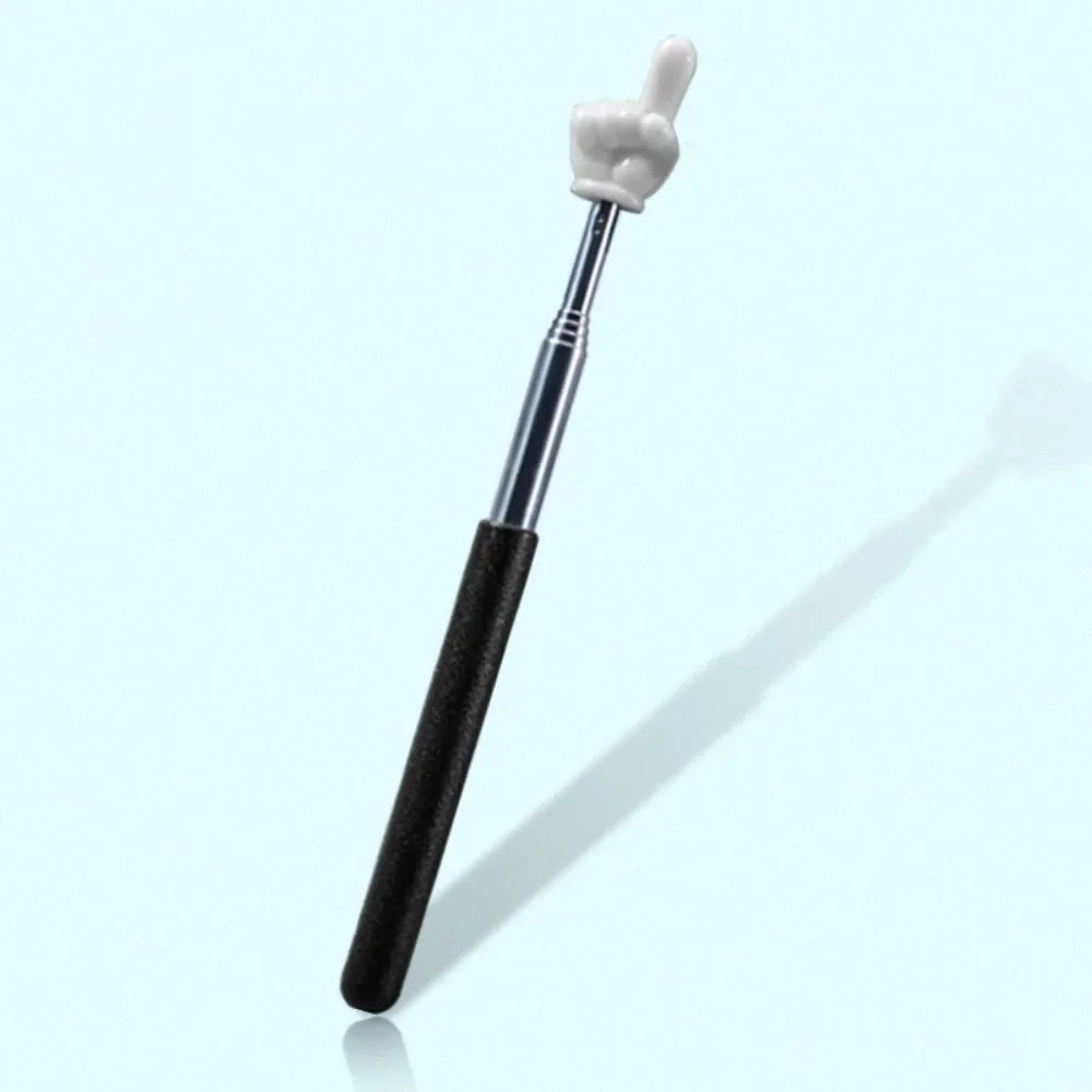 A silver telescopic teaching pointer with a white finger-like tip and a black handle.