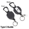A black retractable badge clip with a silver buckle and attached rings, shown from the front and back.