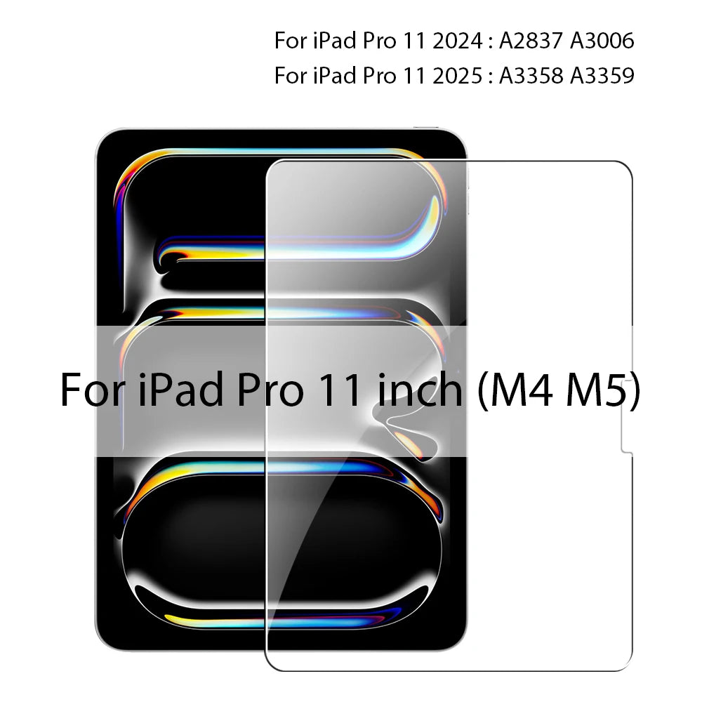 A transparent tempered glass screen protector for an iPad Pro 11 inch model.