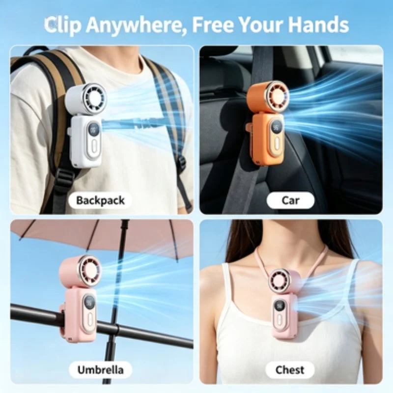Portable clip-on handheld cooling fan shown being used on a backpack, car interior, umbrella, and chest.