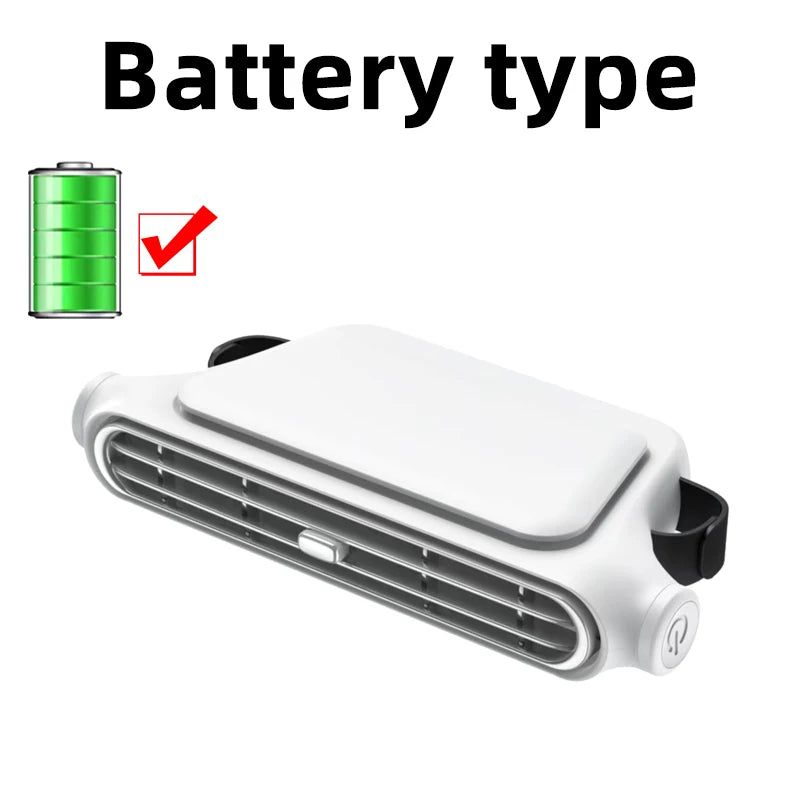 A white portable USB rechargeable car cooling fan with a green battery icon checkmark.