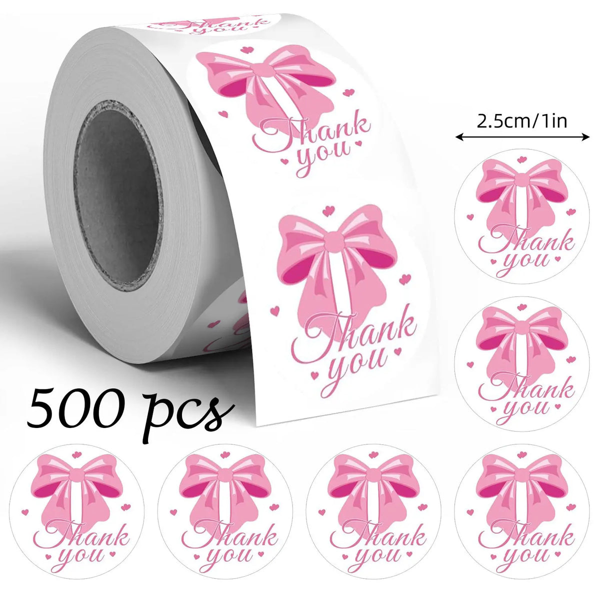 Rolle rosa Schleifen-Danke-Sticker zum Scrapbooking mit Maßangabe