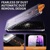 A clear plastic dust removal tool is shown above an iPhone, demonstrating a design for automatic dust removal.