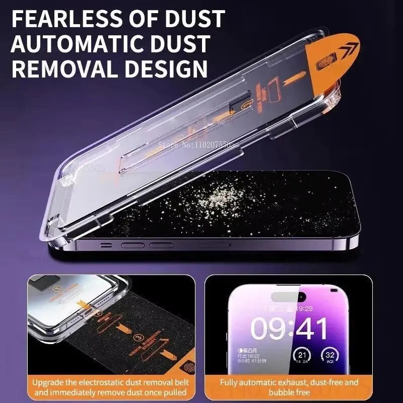 A clear plastic dust removal tool is shown above an iPhone, demonstrating a design for automatic dust removal.
