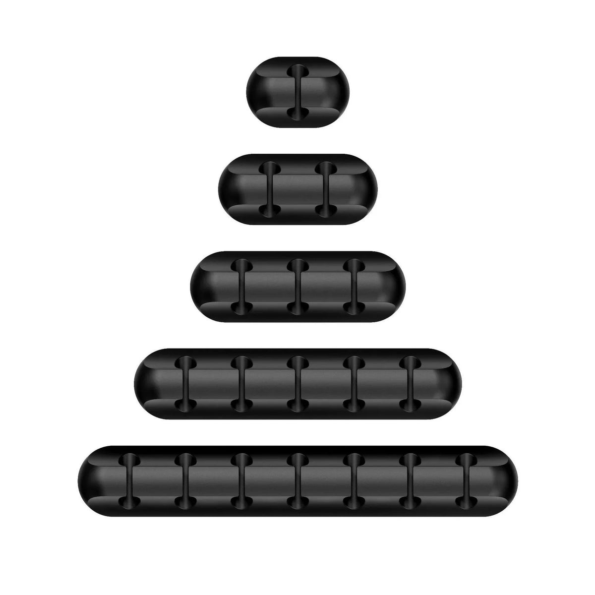 A set of black silicone cable organizers and winders stacked vertically.