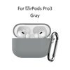 Gray silicone protective case for AirPods Pro 3 with a metal keychain attachment