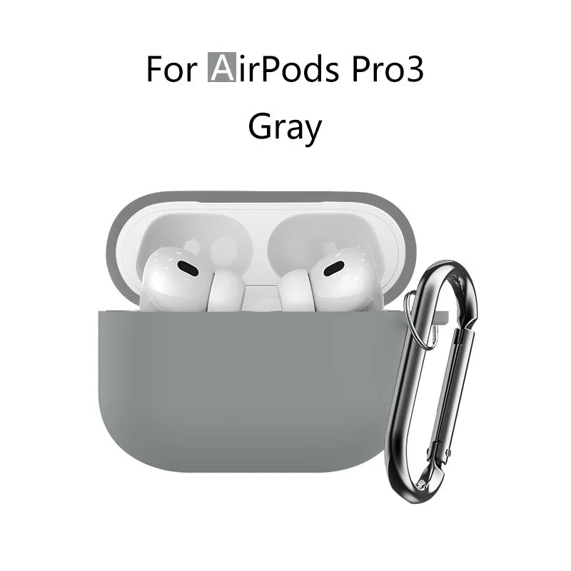 Gray silicone protective case for AirPods Pro 3 with a metal keychain attachment