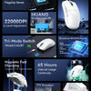 A white wireless gaming mouse with RGB lighting and a magnetic fast charging base is shown alongside technical specifications