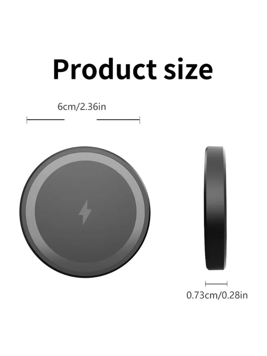 Diagram showing the size of a magnetic wireless charging pad, measuring 6cm/2.36in and 0.73cm/0.28in.