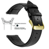 Black genuine leather watch band featuring quick release spring bars and a slide lever for easy strap attachment.