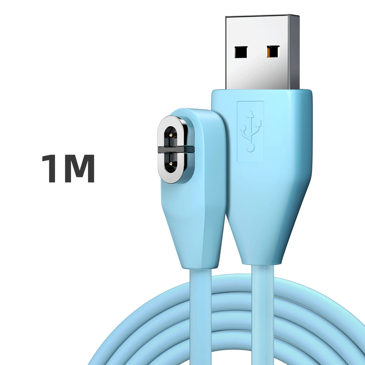 A light blue fast charging cable with a USB connector and a bone conduction headphone plug.